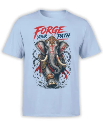 Light blue elephant warrior T-shirt with ornate armor, broken chains, red accents, and “FORGE YOUR PATH” text