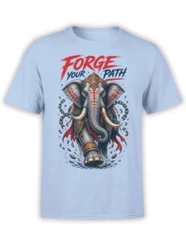 Light blue elephant warrior T-shirt with ornate armor, broken chains, red accents, and “FORGE YOUR PATH” text