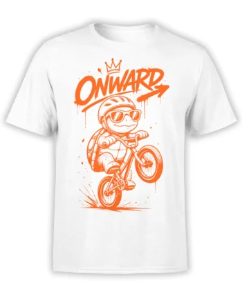 White turtle T-shirt with a crowned turtle riding a bicycle beneath bold orange ONWARD lettering