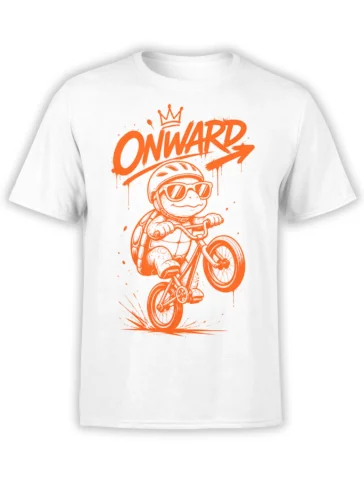 White turtle T-shirt with a crowned turtle riding a bicycle beneath bold orange ONWARD lettering