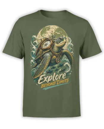 Olive green turtle explorer T-shirt with compass, map, ocean waves, and “Explore Beyond Limits” design