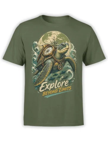 Olive green turtle explorer T-shirt with compass, map, ocean waves, and “Explore Beyond Limits” design