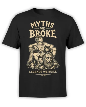 Black mythology T-shirt with cream classical figure, bearded statue head, sword, laurel wreath, and vintage text