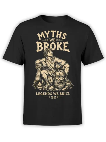 Black mythology T-shirt with cream classical figure, bearded statue head, sword, laurel wreath, and vintage text
