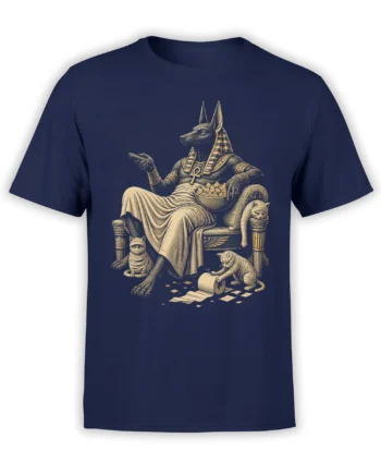 Anubis-inspired figure seated on a throne with several cats in a vintage Egyptian design on a navy T-shirt