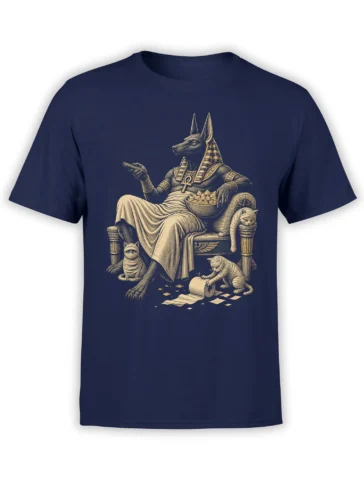 Anubis-inspired figure seated on a throne with several cats in a vintage Egyptian design on a navy T-shirt