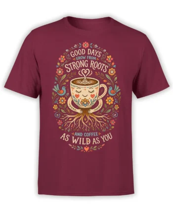 Colorful floral coffee mug with tree roots and birds on a burgundy T-shirt