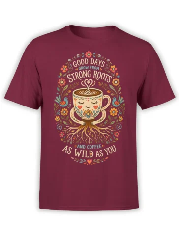 Colorful floral coffee mug with tree roots and birds on a burgundy T-shirt
