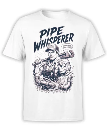 White plumber T-shirt with vintage pipe whisperer artwork, wrench, water pipes, and bold dark lettering