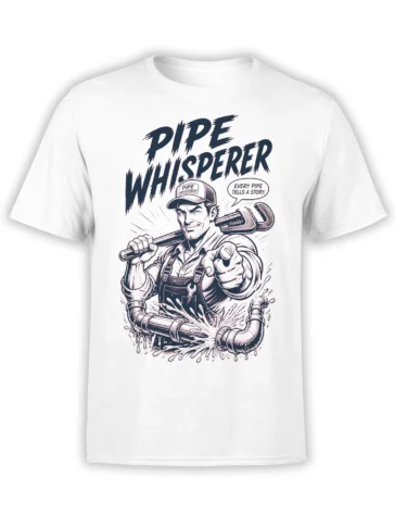 White plumber T-shirt with vintage pipe whisperer artwork, wrench, water pipes, and bold dark lettering