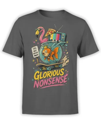 Gray T-shirt with a colorful surreal design featuring a flamingo, crowned fish, pizza, vintage TV, and skateboard