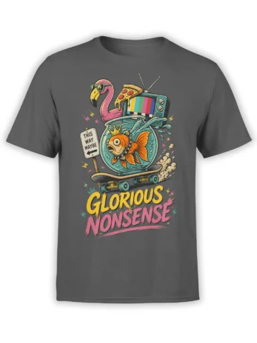 Gray T-shirt with a colorful surreal design featuring a flamingo, crowned fish, pizza, vintage TV, and skateboard