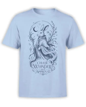 Light blue rabbit wizard t-shirt with crescent moon, flowers, stars, and Chase Wonder Not Approval text
