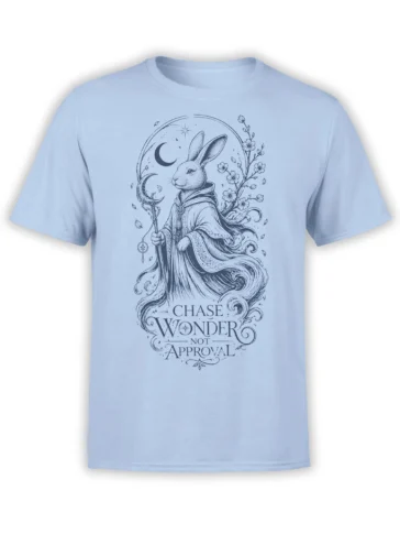 Light blue rabbit wizard t-shirt with crescent moon, flowers, stars, and Chase Wonder Not Approval text