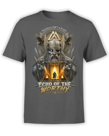 Dark gray Viking warrior T-shirt with ravens, wolves, runes, fire, and an epic fantasy design