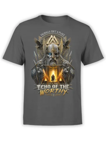 Dark gray Viking warrior T-shirt with ravens, wolves, runes, fire, and an epic fantasy design