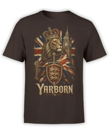 Brown T-shirt with a crowned lion, heraldic shield, London clock tower, and YARBORN lettering