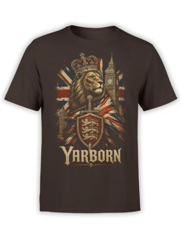 Brown T-shirt with a crowned lion, heraldic shield, London clock tower, and YARBORN lettering