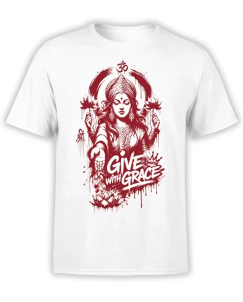 White Hindu T-shirt with red goddess artwork, lotus flowers, Om symbol, and “Give with Grace” message