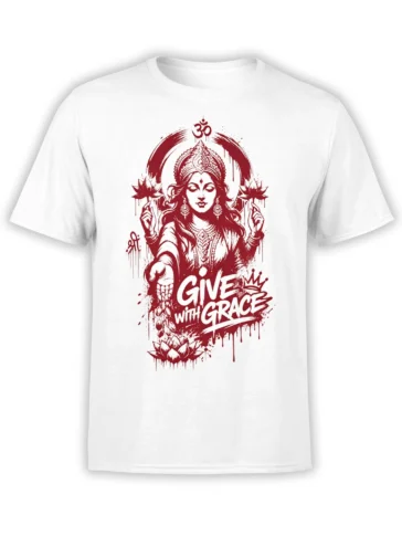 White Hindu T-shirt with red goddess artwork, lotus flowers, Om symbol, and “Give with Grace” message