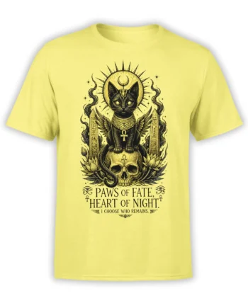 Yellow cat T-shirt with winged black feline, skull, serpent, ankh, lotus flowers, and moon symbols