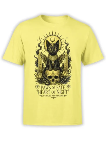 Yellow cat T-shirt with winged black feline, skull, serpent, ankh, lotus flowers, and moon symbols