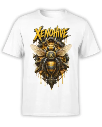 White bee T-shirt with golden honeycomb, black details, dripping honey, and bold XENOHIVE lettering