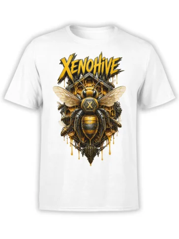 White bee T-shirt with golden honeycomb, black details, dripping honey, and bold XENOHIVE lettering