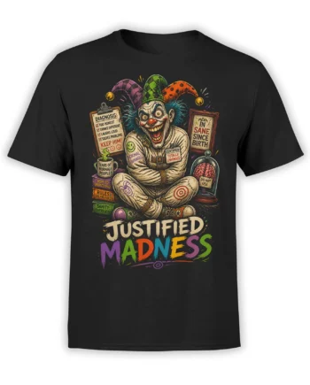 Black T-shirt with a colorful grinning clown, jester hat, chaotic signs, and “Justified Madness” lettering