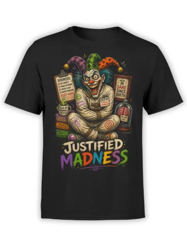 Black T-shirt with a colorful grinning clown, jester hat, chaotic signs, and “Justified Madness” lettering