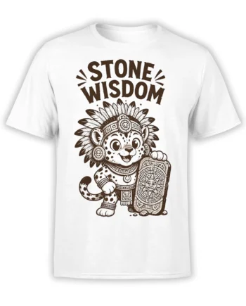 White T-shirt with a spotted jaguar warrior, feathered headdress, sun shield, and Stone Wisdom lettering