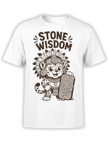 White T-shirt with a spotted jaguar warrior, feathered headdress, sun shield, and Stone Wisdom lettering