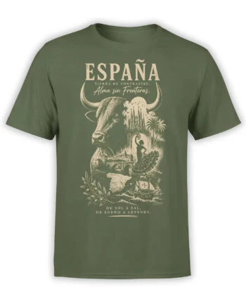 Green Spain T-shirt with cream bull, basilica, bridge, flamenco dancer, ship, and Spanish heritage collage