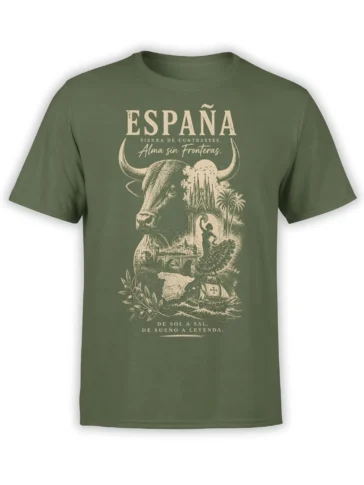 Green Spain T-shirt with cream bull, basilica, bridge, flamenco dancer, ship, and Spanish heritage collage