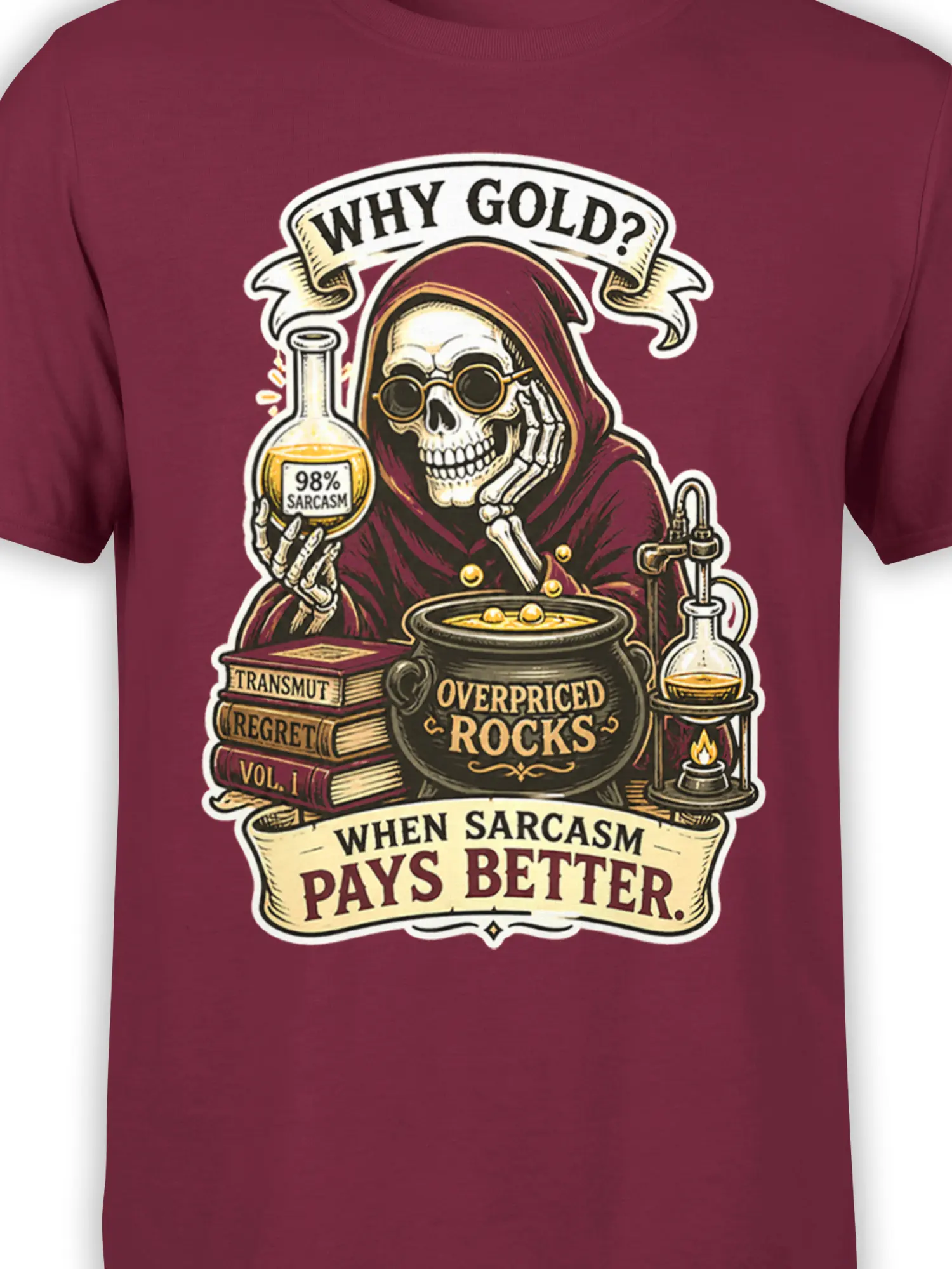 Close-up of skeleton alchemist, 98% sarcasm flask, cauldron, and gold-themed lettering on burgundy fabric