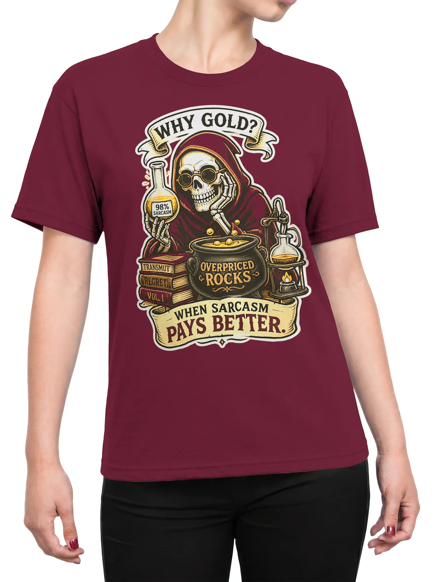 Female torso wearing a burgundy T-shirt with a hooded skeleton alchemist and sarcastic laboratory design