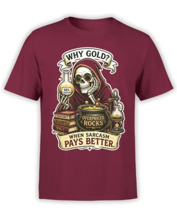 Hooded skeleton alchemist graphic with cauldron and sarcasm text on a burgundy T-shirt