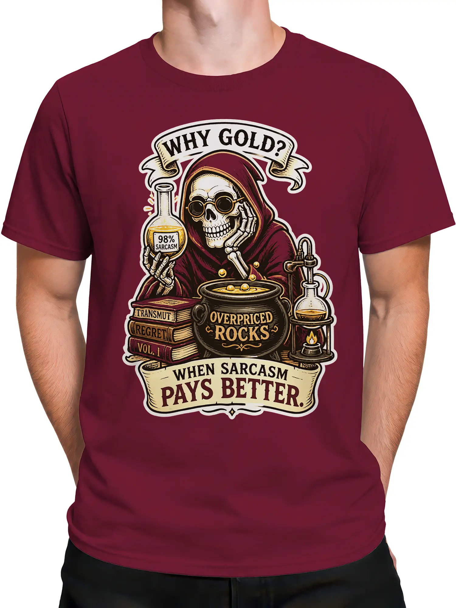 Male torso wearing a burgundy skeleton alchemist T-shirt with vintage science humor artwork