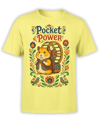 Yellow hamster T-shirt featuring Pocket Power text, a colorful ornate pack, folk flowers, and two small birds