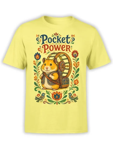 Yellow hamster T-shirt featuring Pocket Power text, a colorful ornate pack, folk flowers, and two small birds