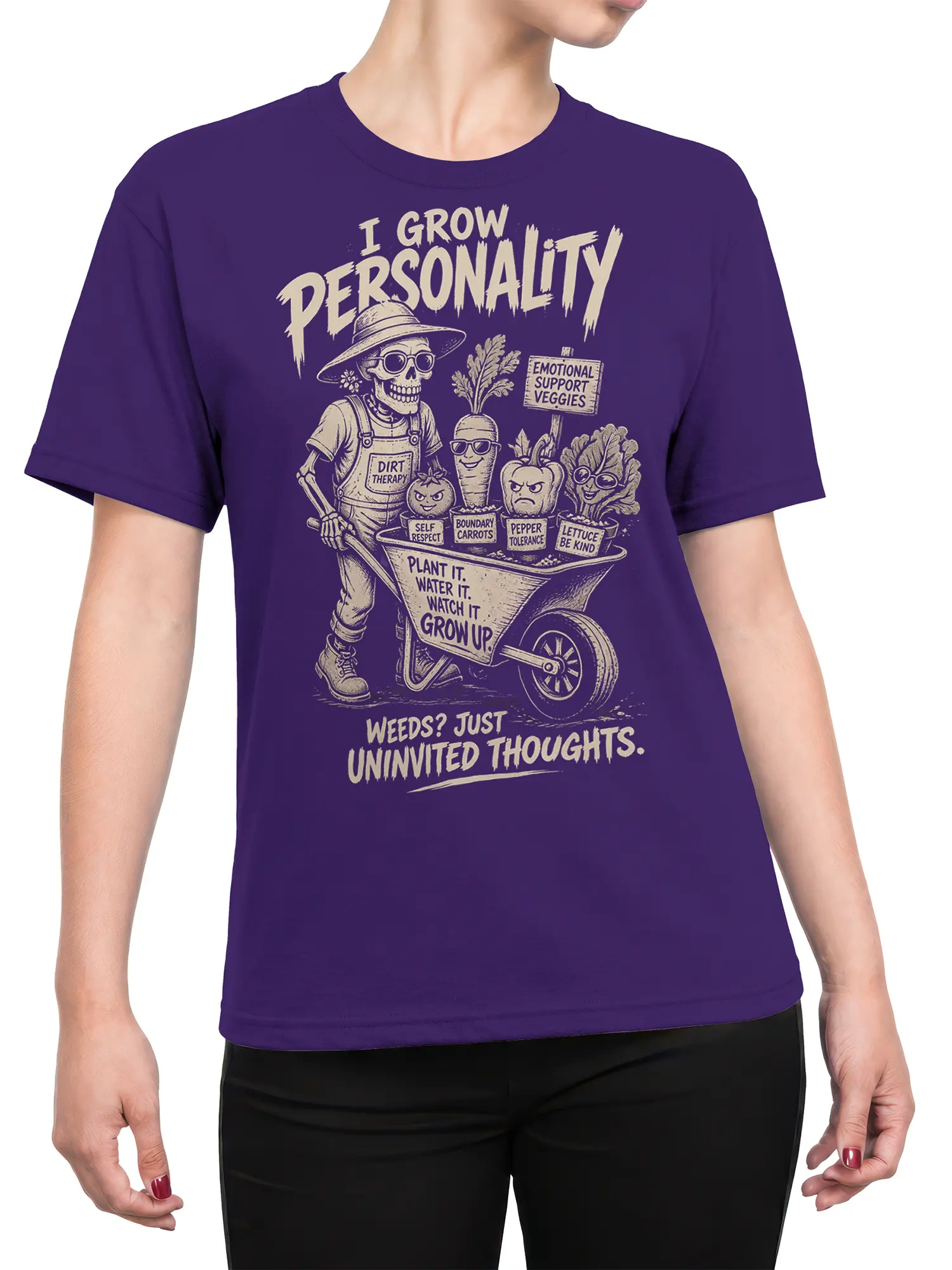 Female torso wearing a purple skeleton gardener shirt with expressive vegetables and funny garden lettering