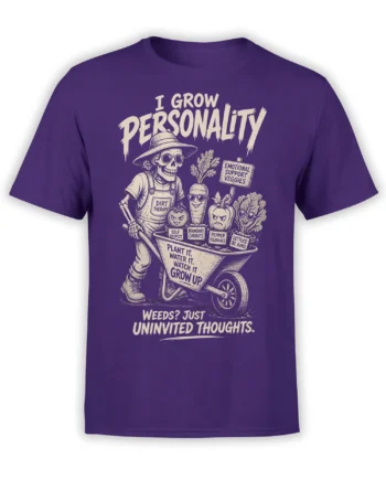 Purple skeleton gardener T-shirt with expressive vegetables, dirt therapy lettering, and humorous garden signs