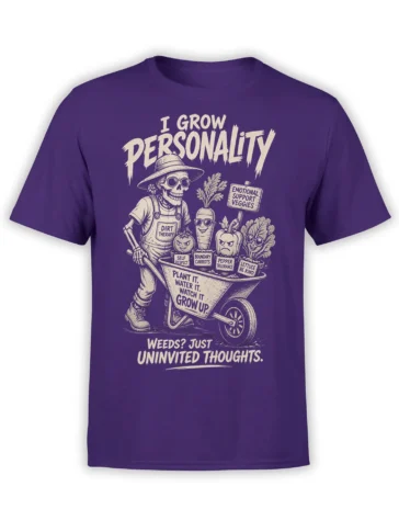 Purple skeleton gardener T-shirt with expressive vegetables, dirt therapy lettering, and humorous garden signs