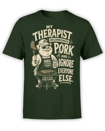 Green pig barbecue T-shirt with sunglasses, grill, sauce cup, and humorous low-and-slow BBQ lettering