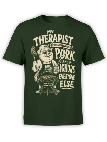 Green pig barbecue T-shirt with sunglasses, grill, sauce cup, and humorous low-and-slow BBQ lettering