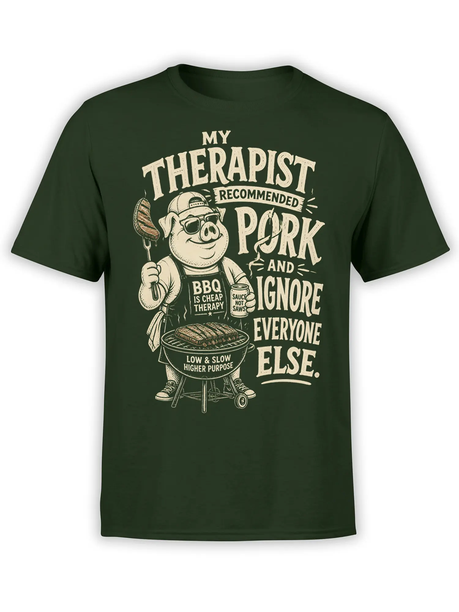 Green pig barbecue T-shirt with sunglasses, grill, sauce cup, and humorous low-and-slow BBQ lettering