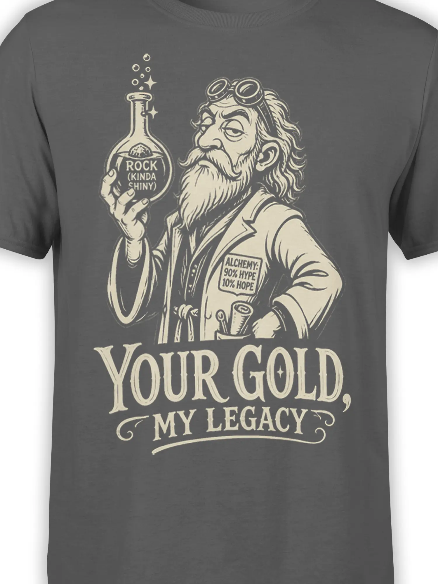 Close-up of gray alchemy shirt artwork showing the alchemist, labeled flask, and cream vintage lettering