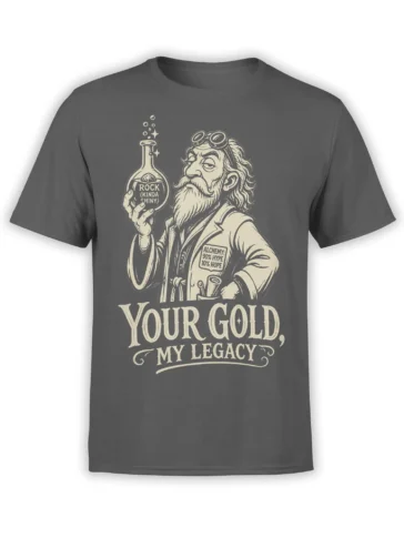 Gray alchemy T-shirt with a vintage bearded alchemist, sparkling flask, and “Your Gold, My Legacy” design