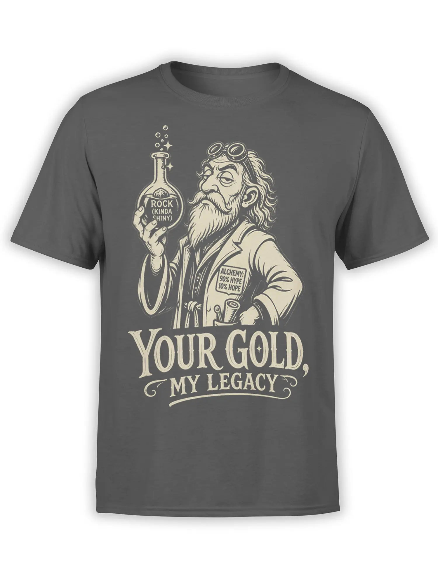 Gray alchemy T-shirt with a vintage bearded alchemist, sparkling flask, and “Your Gold, My Legacy” design