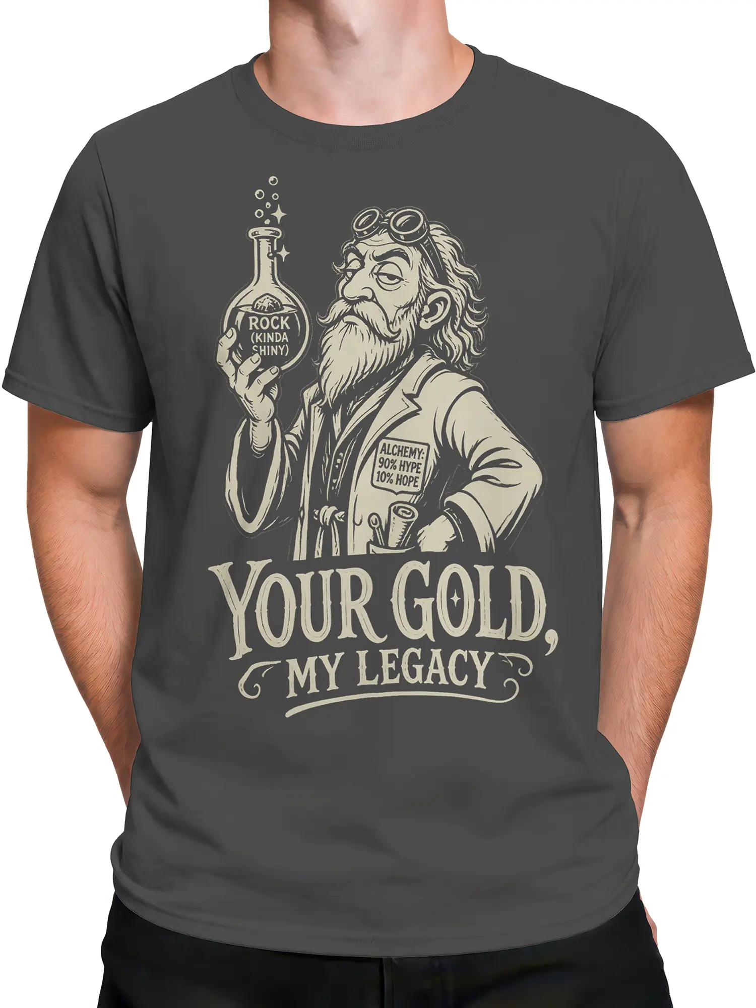 Male torso wearing a gray vintage alchemy T-shirt with a bearded alchemist and flask illustration